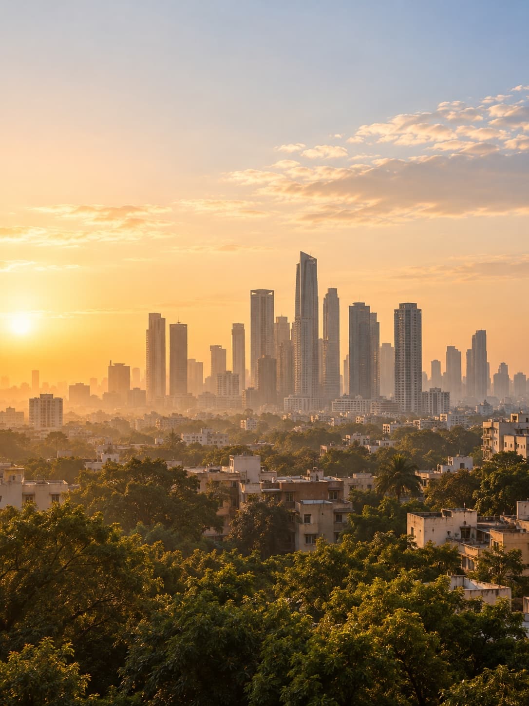 A city skyline in warm morning light