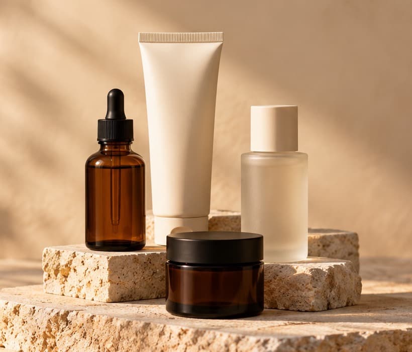 A skincare still life: an unbranded tube, a jar and a dropper bottle on stone in warm window light.
