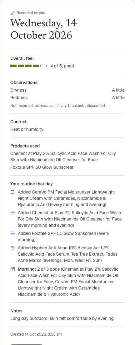 A Skin Diary entry: a rating of 4 of 5, observations, context, products used, the routine changes made that day and the morning's ticks