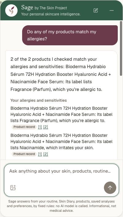 Sage answering “Do any of my products match my allergies?”: a serum on her shelf lists Fragrance (Parfum), which she's allergic to, and Niacinamide, which irritates her skin