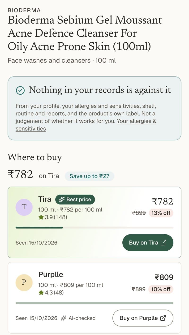 Before you buy on that cleanser: nothing in the records is against it, and it's lowest on Tira at ₹782, ₹27 less than on Purplle