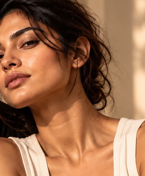 A woman in warm window light, close up, her skin's natural texture visible.